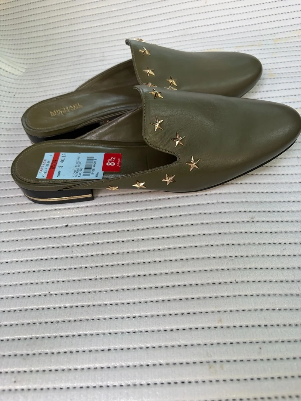 Michael Kors Olive Star-Stud Leather Slip-On Mules